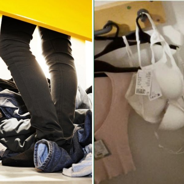 Tvådelad bild. Vänster: Folks ben bland kläder i butik. Höger: Klädhängare med olika plagg, inklusive en bh.