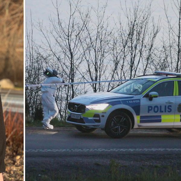En delad bild som visar två scener. Vänster sektion visar en reporter, Ulrica Abrahamsson, som håller en mikrofon med SVT-logotypen, klädd i en svart överdel, med en bakgrund av växtlighet och väg. Höger sektion visar en polisbil med svensk polislogotyp, där en man i skyddskläder är i färd med att undersöka en plats av intresse vid vägkanten omgiven av träd.