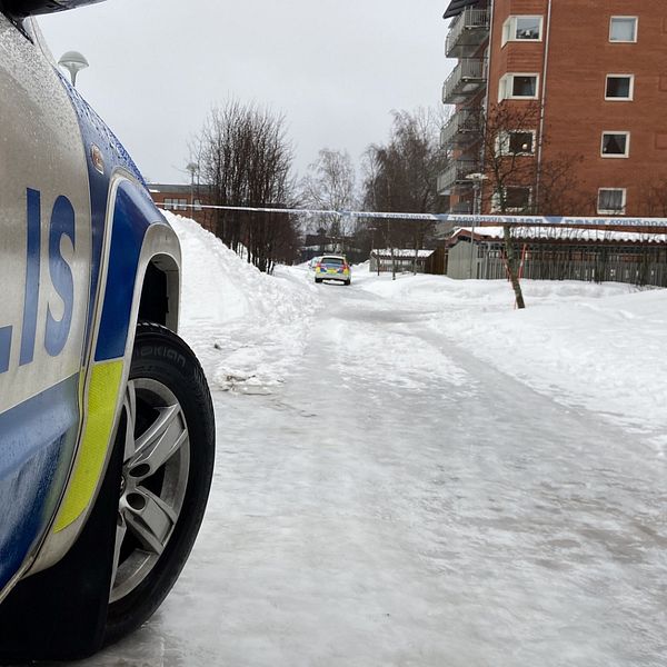 En polisbil står parkerad på en isig väg i ett bostadsområde. I bakgrunden syns flerbostadshus och snötäckta träd, medan en annan polisbil står längre ner längs vägen.