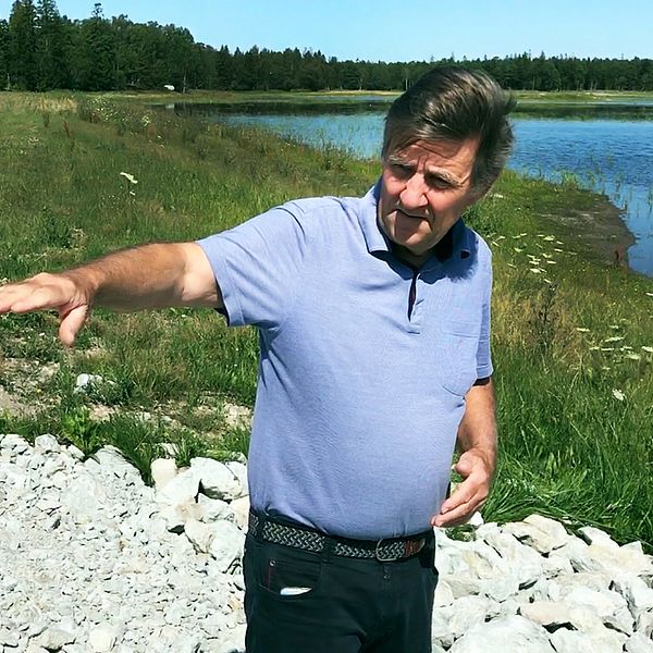 Lars Jacobi, gårdsägare i Kräklingbo på Gotland, framför sin återskapade myrmark.