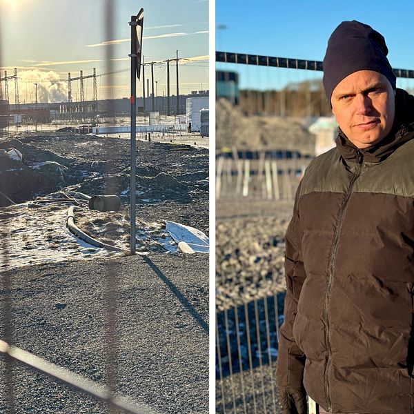 Delad bild. Vänster: Byggarbetsplats med stängsel. Höger: Person i brun jacka vid staketet.