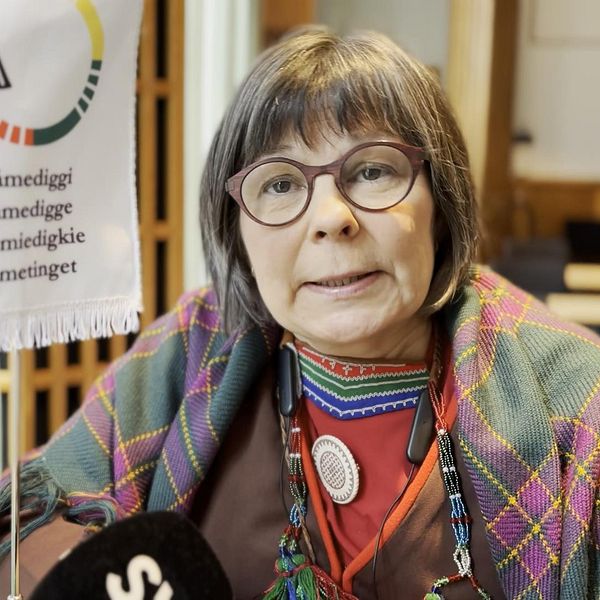 Samelandspartiets Marianne Gråik vid en samisk flagga