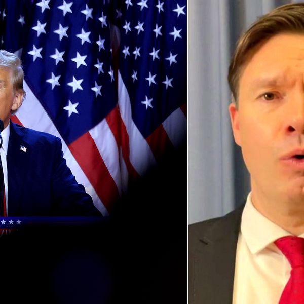 Vasemmalla Donald Trump puhuu kannattajilleen vaalivalvojaisissa Floridassa. Oikealla Suomen Ulkopoliittisen instituutin johtava tutkija Charly Salonius-Pasternak.