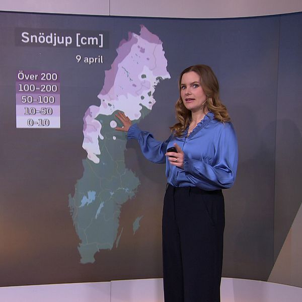 Meteorolog visar snödjupskarta över Sverige på en skärm.