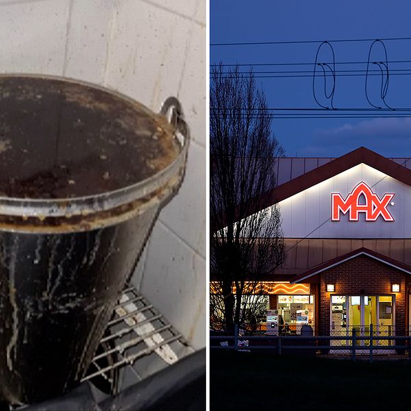 Delad bild. Vänster: Smutsig oljefritös. Höger: Max-restaurang exteriör på kvällen.
