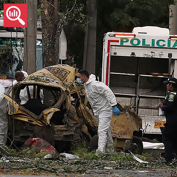Polis och kriminaltekniker undersöker en utbränd bil efter ett attentat i Colombia.