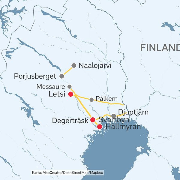 Karta över Norrbottens län där tänkta nya kraftledningar är markerade.