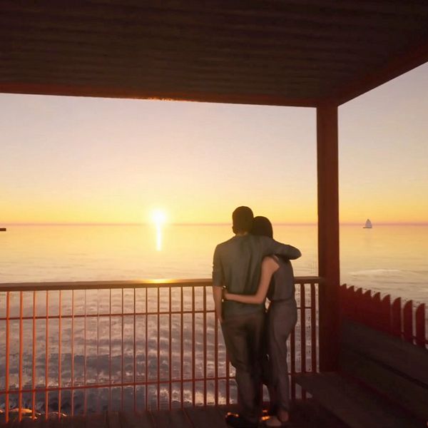 En stillbild från en 3d-animation där ett par håller om varandra i solnedgången.