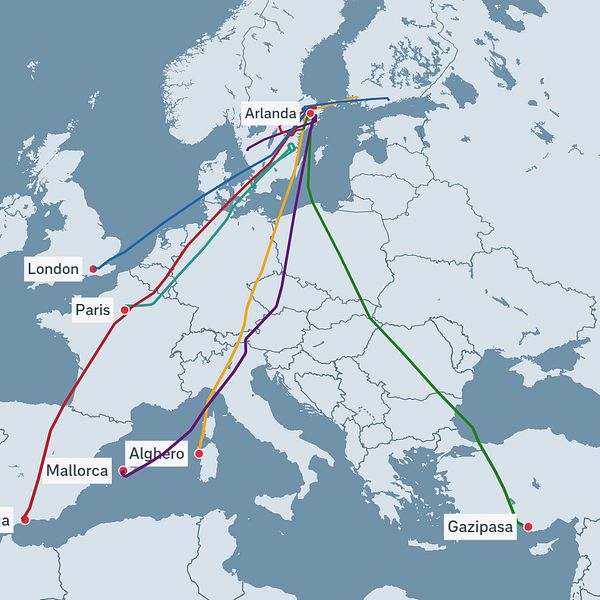Karta över planen som dirigerades om vid Arlanda