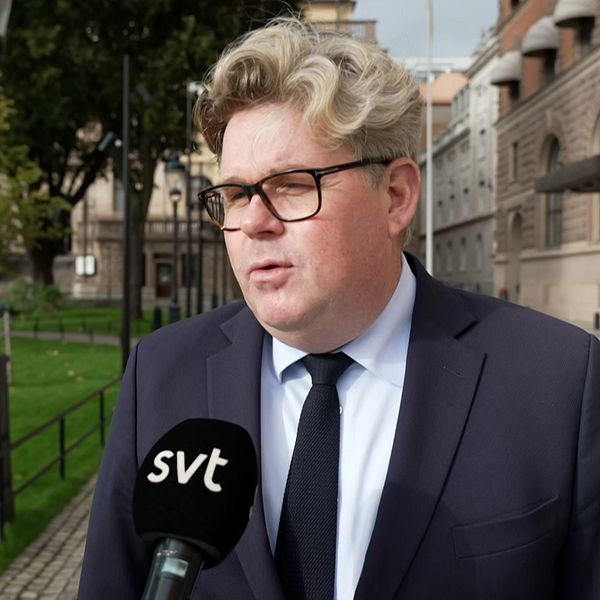 Justitieminister Gunnar Strömmer intervjuas av SVT utanför en byggnad.