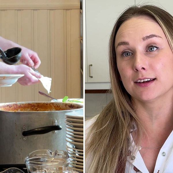 Två bilder: Till vänster personer i kö som serveras soppa ur kastrull. Till höger ung kvinna står i kök i Äspnäs bygdegård.