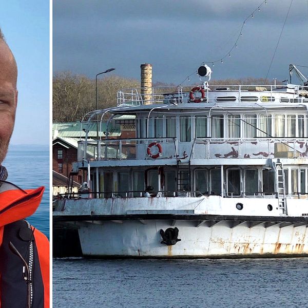 Tvådelad bild: Till vänster syns en person i orangea kläder med ett oidentifierat föremål i bakgrunden. Till höger finns en bild av ett större fartyg liggande för ankar vid en kaj.