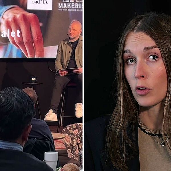 En delad bild som visar ett offentligt evenemang i Örebro. Den vänstra sektionen visar en paneldiskussion med tre personer som sitter på barstolar, med en skärm i bakgrunden som visar texten ”imorgon: presidentvalet”. Den högra sektionen visar reporter i närbild med fokus på ansiktet och en mörk bakgrund.