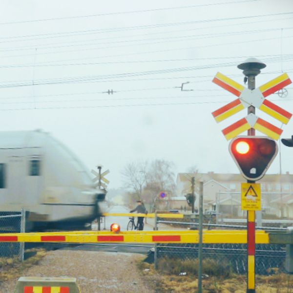 SJ-tåg passerar plankorsningen i Kumla som Trafikverket vill ta bort.