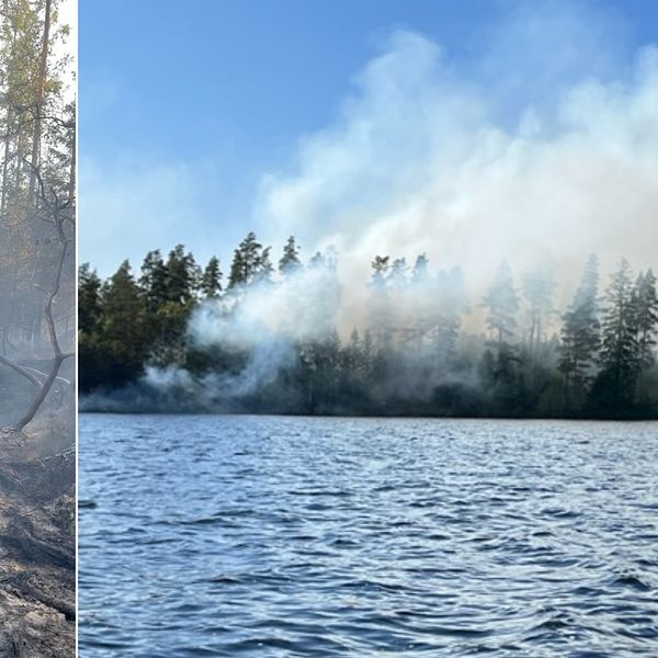 Splitbild. Till vänster, förkolnat trä på ön. Till höger, Rökpelare från ön.