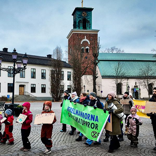 Rebellmammorna demonstrerar på ett torg i Nyköping. Längst fram några barn, sedan föräldrar med plakat