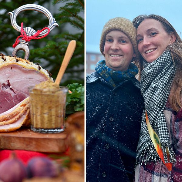 En delad bild som visar två sektioner. Den vänstra sektionen visar ett julbord med en skinka, inlagd senap, äpplen. Den högra sektionen föreställer Johan Skoogh och Louise Hellgren Skoogh. De står nära varandra på Rådhustorget i Umeå. De har på sig varma kläder och omgivningen är prydd med snö.