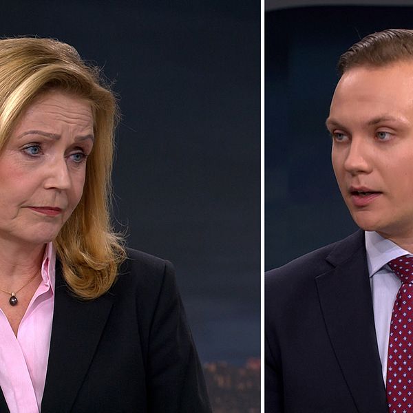 Tvådelad bild. Vänster: Kvinna i svart kavaj. Höger: Man i kostym och röd slips.