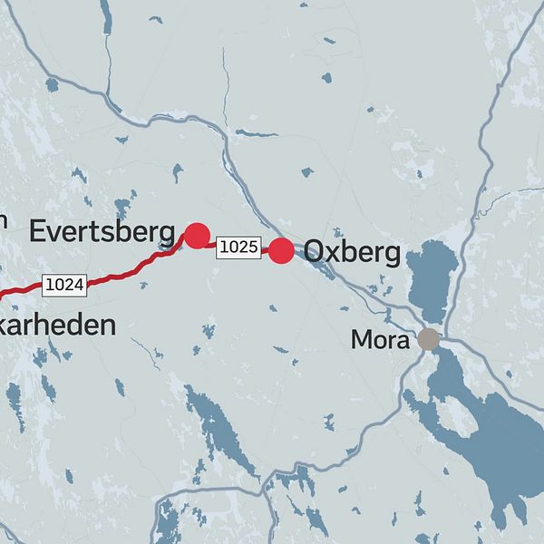 En karta över vägen mellan Mora och Sälen, den så kallade Vasaloppsvägen.