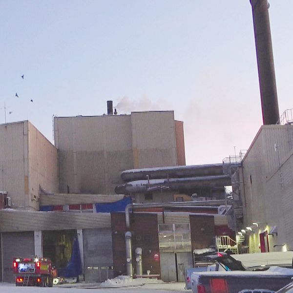 Värmeverk med rök som stiger från skorstenar, omgiven av snö. En brandbil är parkerad framför byggnaden, och fåglar flyger i luften ovanför.