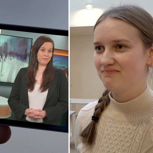 Det är en tvåsplitbild. I ena hälften av klippet syns ett videoklipp i en mobil och i den andra syns en tjej som ser konfunderad ut.