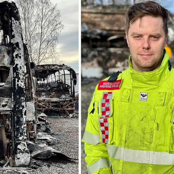 Delad bild. Vänster: Utbränd buss. Höger: Person i gul räddningsuniform.
