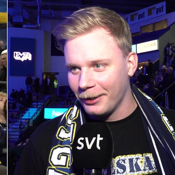 En delad bild som visar två scener från en sportevenemang. Den vänstra sidan visar en entusiastisk publik som viftar med flaggor och hejar, medan den högra sidan visar en person som intervjuas av en reporter med en mikrofon som har ”svt” på den. Personens klädsel visar stöd för ett lag med en halsduk i lagets färger.