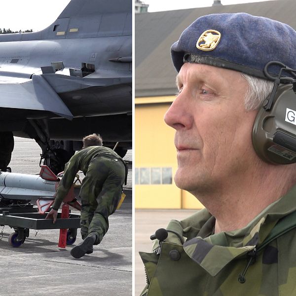 Delad bild. Till vänster: militär lastar stridsflygplan. Till höger: Mats-Uno Runesson, stf. chef för helikopterflotiljen, med hörselkåpor.