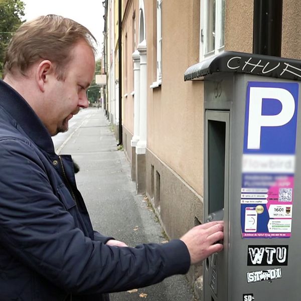 En person står vid en parkeringsautomat och använder den, med ett parkeringstecken synligt på automaten. I bakgrunden syns en rad med parkerade bilar och en gata kantad av träd.