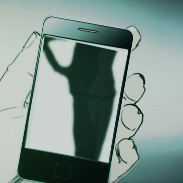 Tecknad bild, hand med mobiltelefon