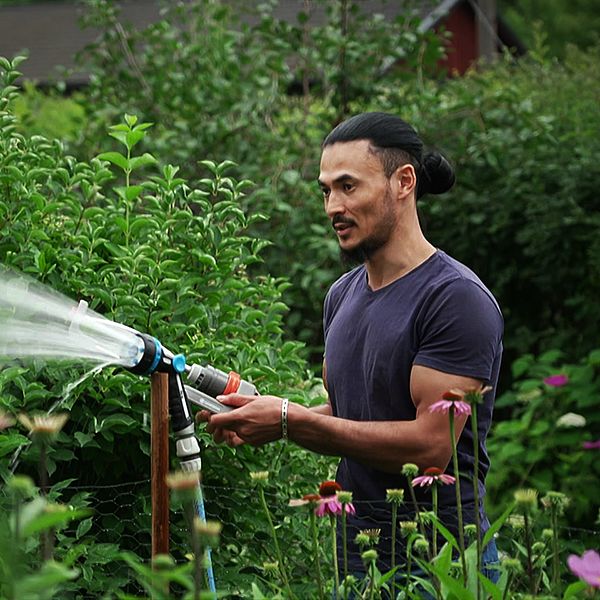 Hanif vattnar blommor i sin trädgård.