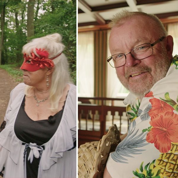 Tvådelad bild. Vänster: Par i maskeraddräkt i skogen. Höger: Person med blommig skjorta inomhus.