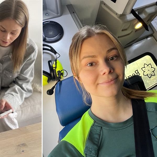 Tvådelad bild. Till höger: Sjuksköterskan Linn Gustafsson  sitter i en ambulans. Till vänster sitter hon i vardagskläder och visar något på sin skärm för en reporter.