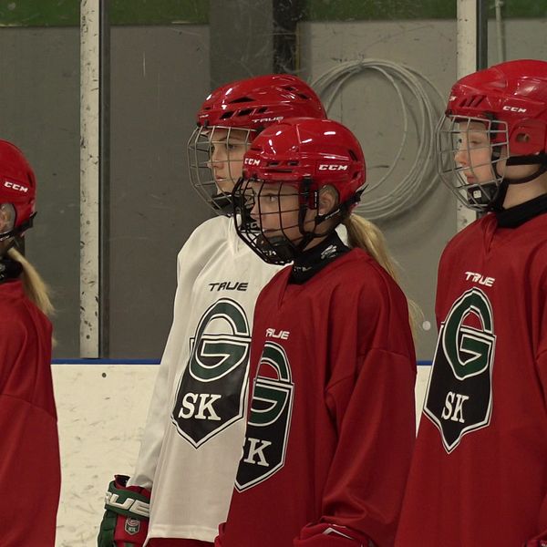 Flera tjejer står i hockeykläder och tittar ut från bild