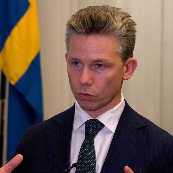 Försvarsminister Pål Jonson i ett rum men en svensk flagga i bakgrunden.