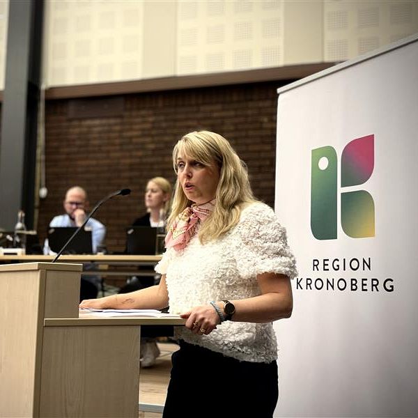 Anna Zelvin (KD) vid podium talar. Region Kronoberg skylt i bakgrunden. Människor sitter vid bord.