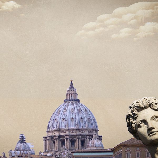 Peterskyrkan, Påve Franciskus och en staty under en molnig himmel.