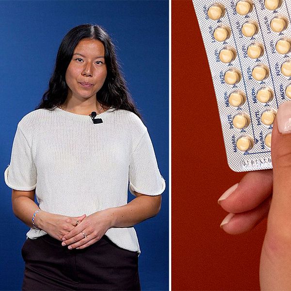 Tredelad bild. Till vänster två kvinnor som går på en gågata. I mitten SVT:s reporter som står i en studio med en blå bakgrund. Till höger en hand som håller p-pillerkartor mot en röd bakgrund.