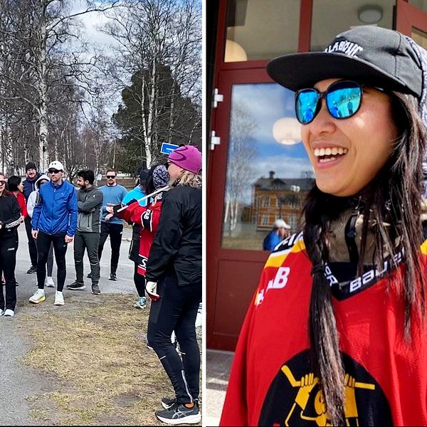 Delad bild. Till vänster: löpare samlas utomhus. Till höger: person i röd sporttröja utanför byggnad.