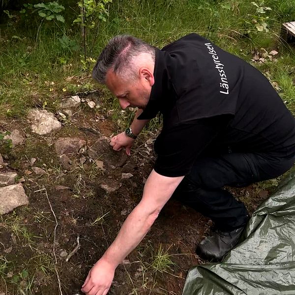 medelålders man i svart tröja som det står länsstyrelsen på undersöker en gammal grav