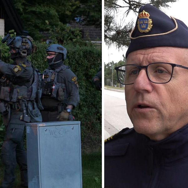 Insatsstyrkan utanför en bostad i Skurup. Stefan Sintéus, kommenderingschef i södra Sverige för den nationella insatsen Frigg.