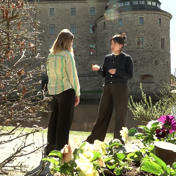 Forskare vid Örebro universitet intervjuas av SVT:s reporter utanför Örebro slott