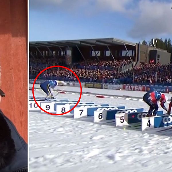 Delad bild. Till vänster: oskarp närbild av person. Till höger: skidtävling med nummermarkerad målplats.