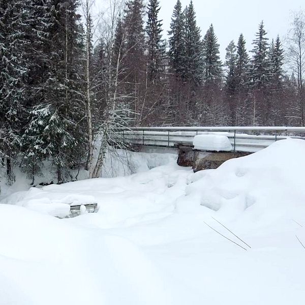 Ejforsen i snöskrud med en bro längst bort i bilden