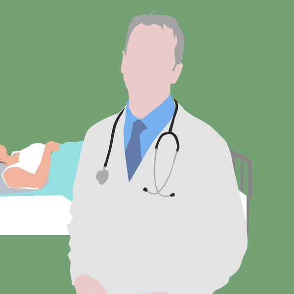 En tecknad bild av en läkare som står framför en patientsäng.
