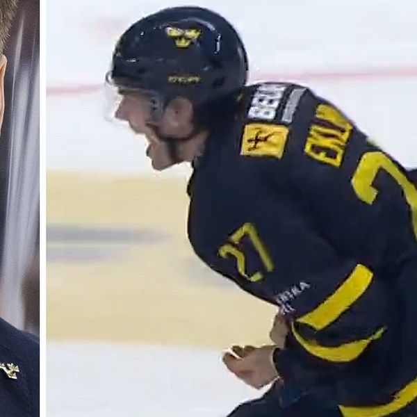 Delad bild. Till vänster en person i kostym, till höger en ishockeyspelare i svart-gul tröja.