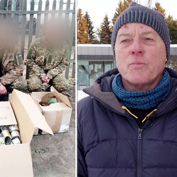 Bild på soldater i Ukraina framför kartonger med ljusstumpar samt en bild på Mats Eliasson, Luleå.