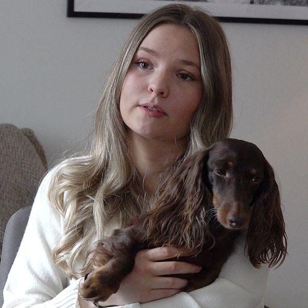 Emilia Nilsson, matte till dvärgtaxen Cooper. håller sin hund i famnen.