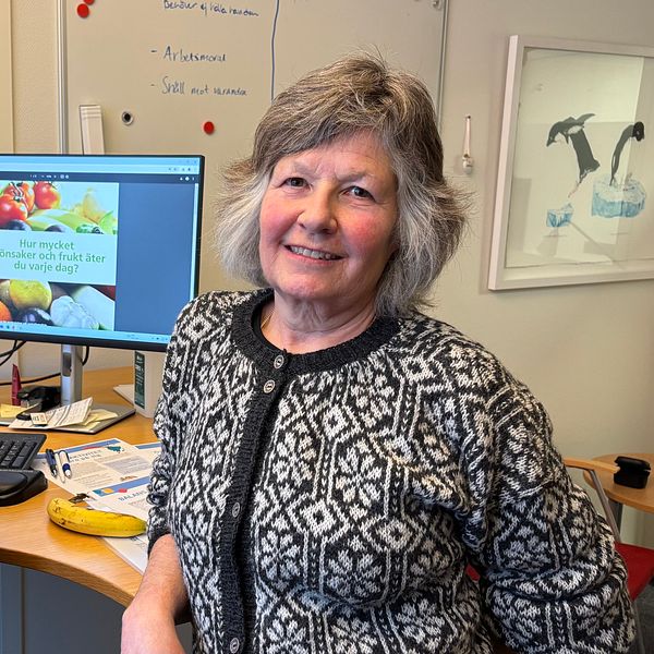 Två skolsköterskor står bredvid ett skrivbord i ett kontor. På en datorskärm syns råd om hälsosamma livsmedel som frukt och grönsaker.