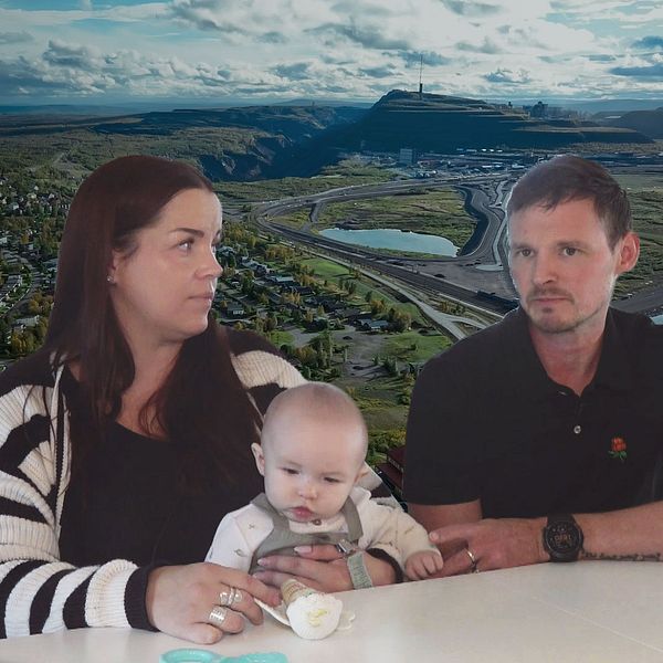 Familj i Kiruna sitter vid bord, stadens landskap syns i bakgrunden.